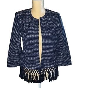 Karl Lagerfeld Blue and White Fringe Tweed Open Front Jacket Size 2
